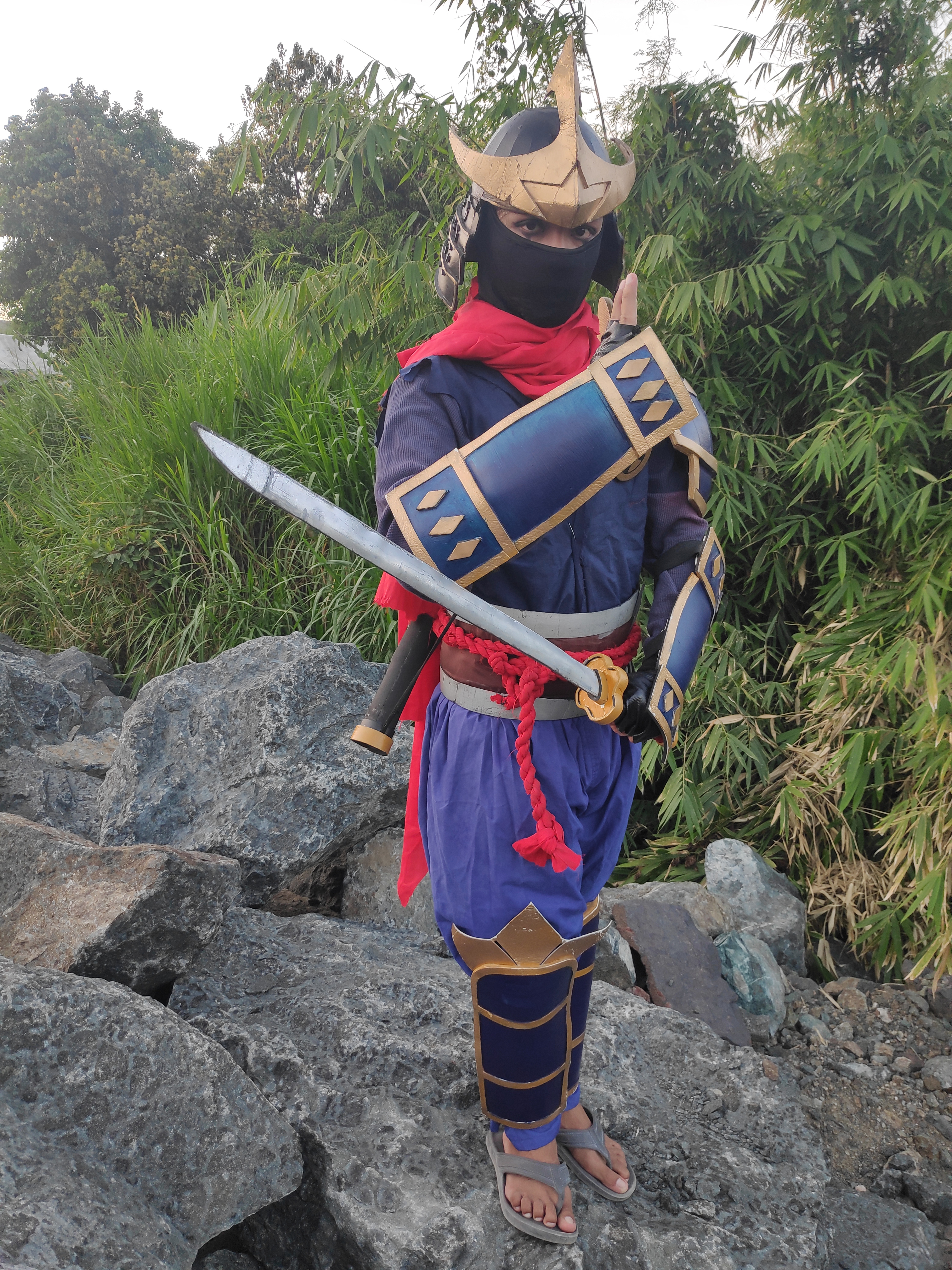 Armored samurai-style cosplayer