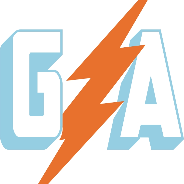 Capital G and A in blue three-dimensional letters and an orange lightning bolt between
