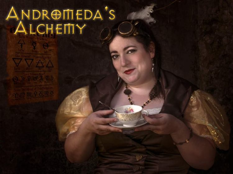 Kate McKay, Owner of Andromeda's Alchemy, showing off one of her steampunk cosplays for a professional photo shoot.