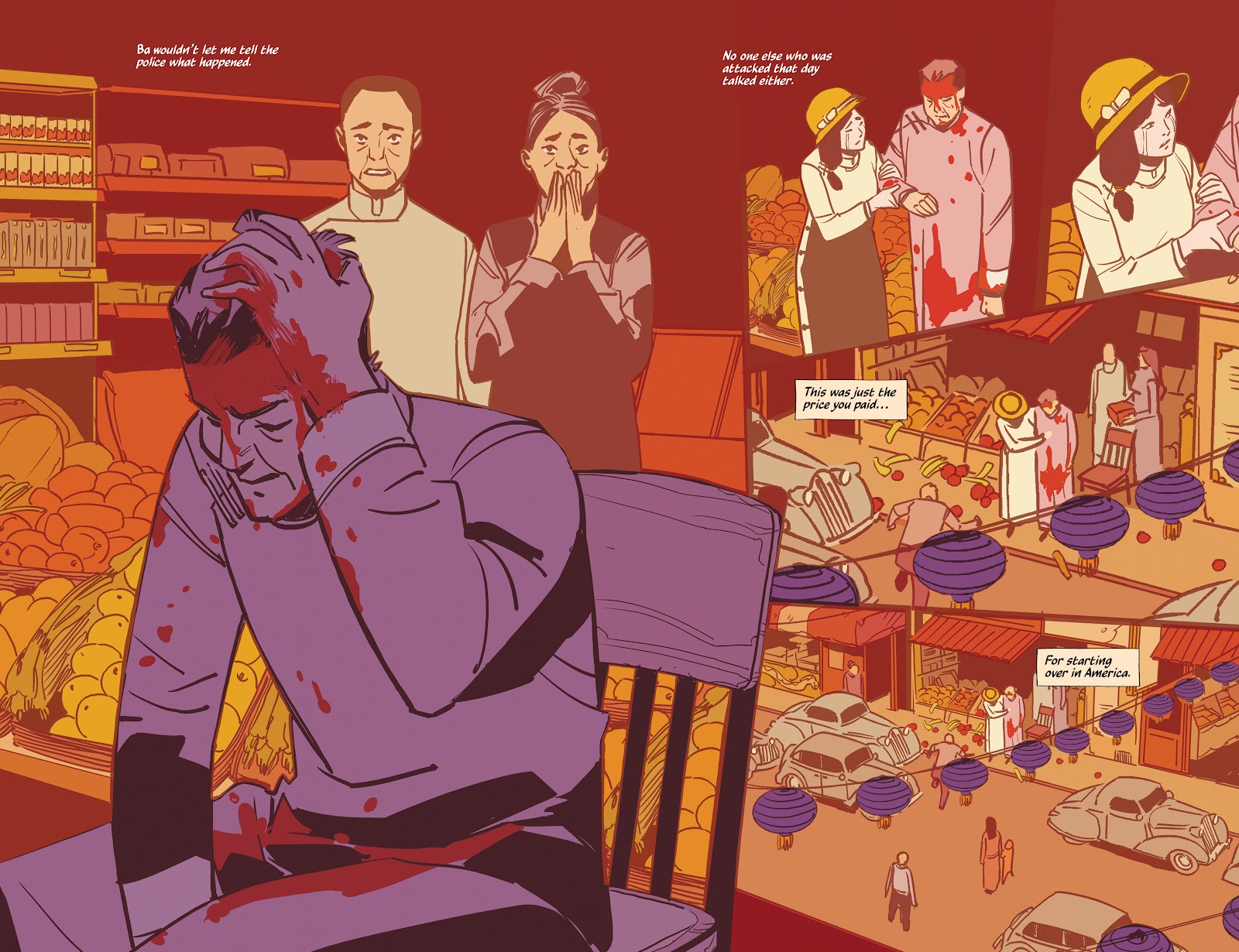 Image description: a double-page spread from a comic, drawn with loose lines and a mix of warm colors throughout. Chinese-Americans in the early 20th century are concerned with the sacrifices necessary to make it in America.