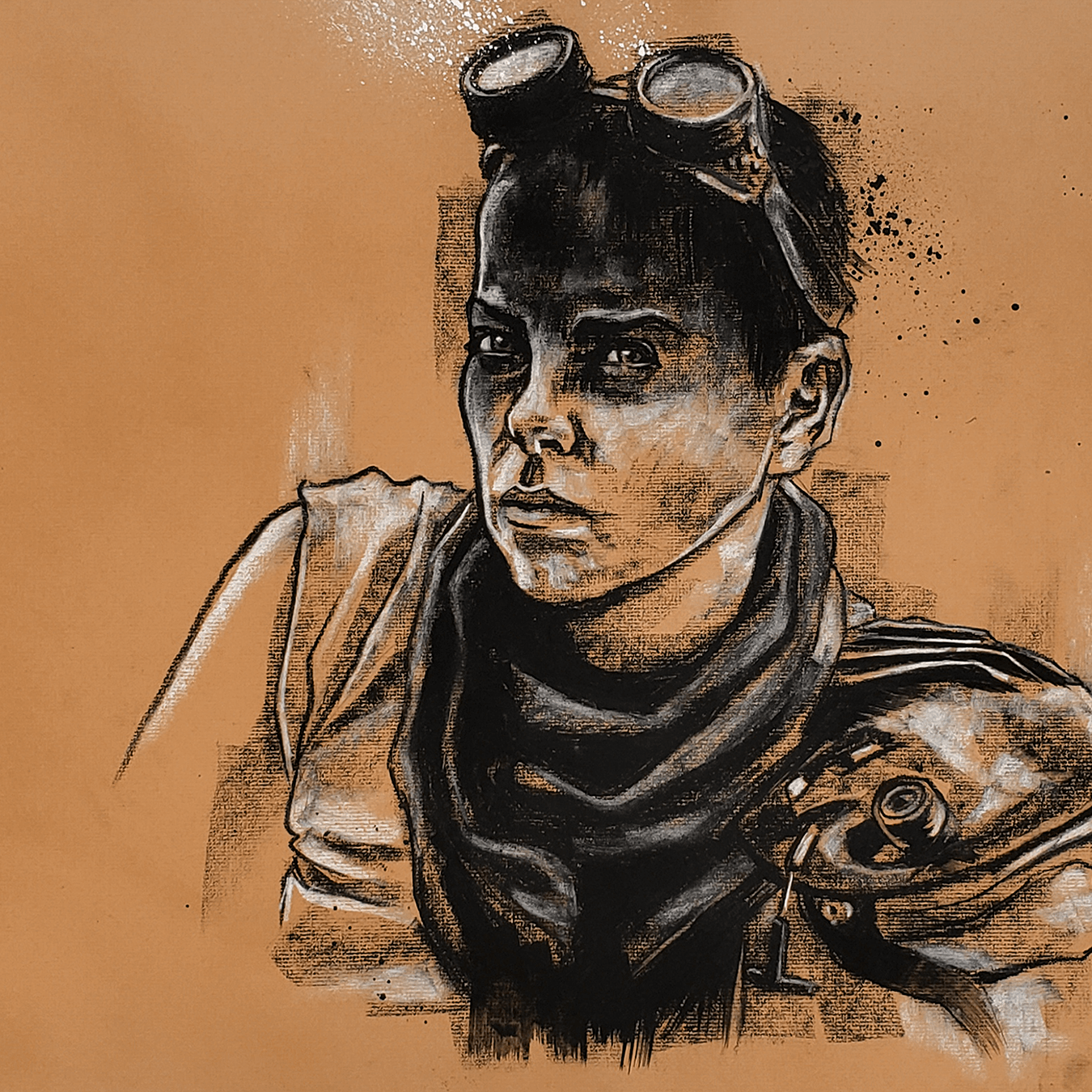 Furiosa from Mad Max, drawn in edgy black and white on a tan background.