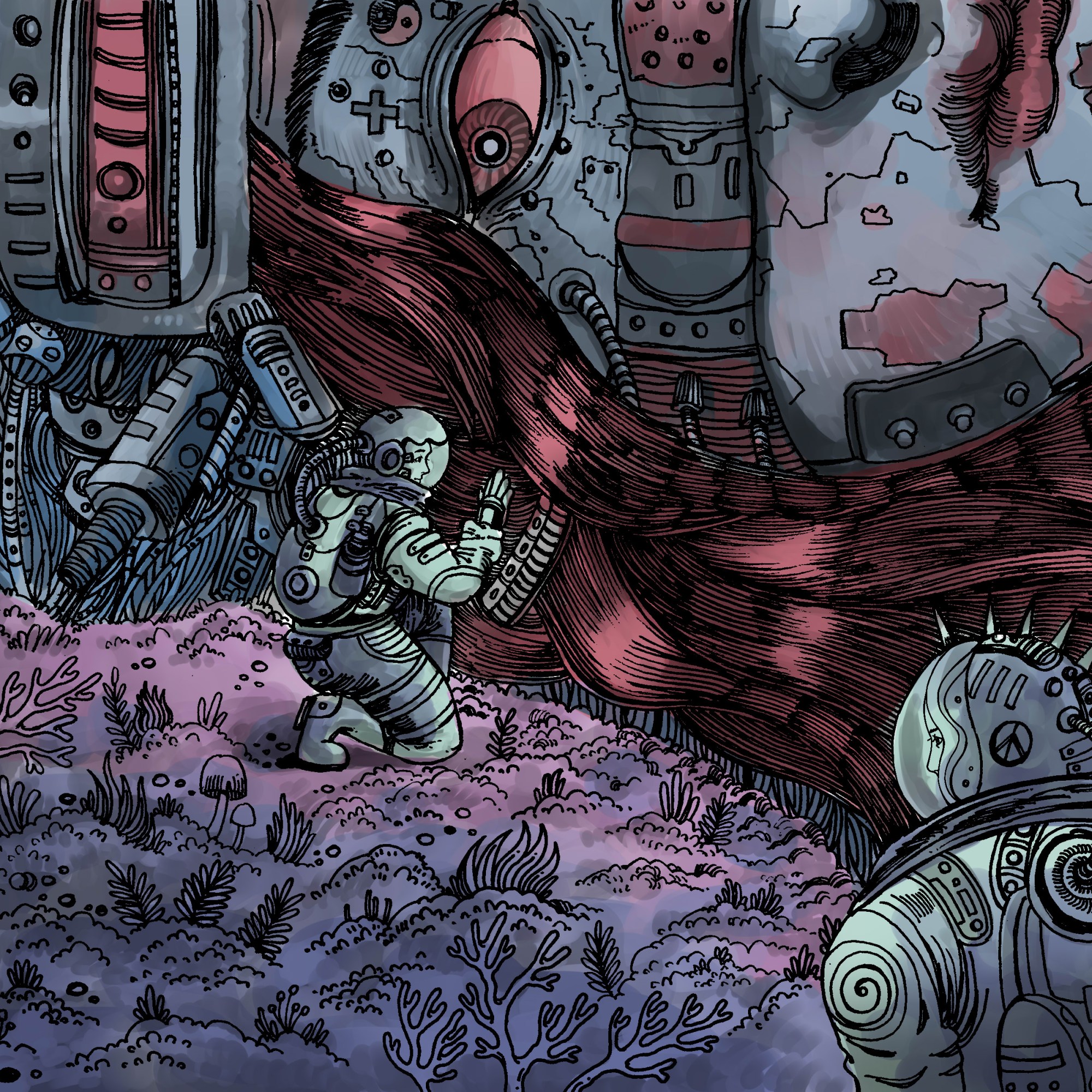 Astronauts example a giant mechanical face in an image washed with muted reds, purples, and blues.