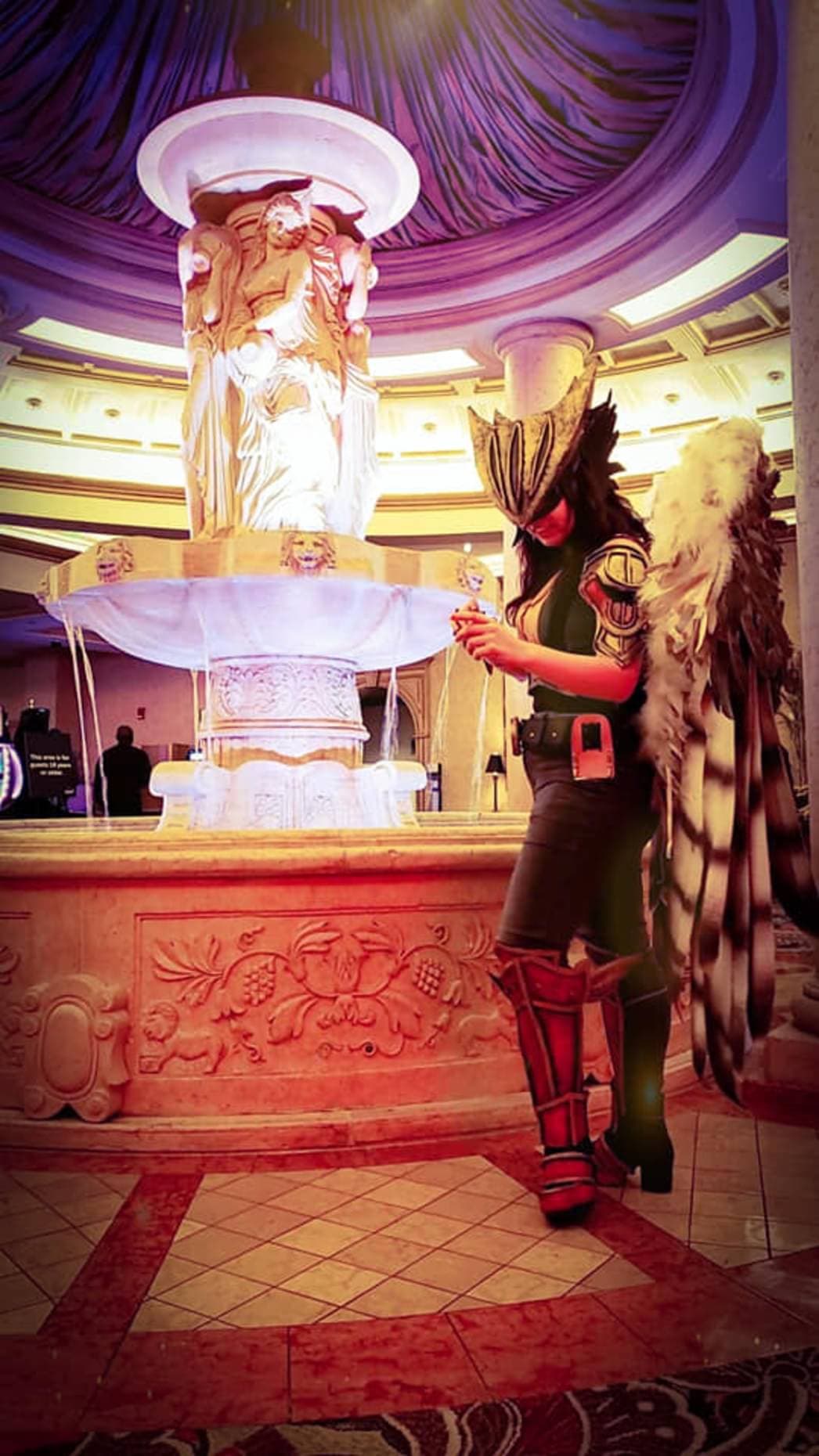 Armored version of hawkgirl. Gold and black hawk mask with a metallic finish, green leggings, red boots, big hawk wings that open and close, a mace, yellow top with arm bracers.