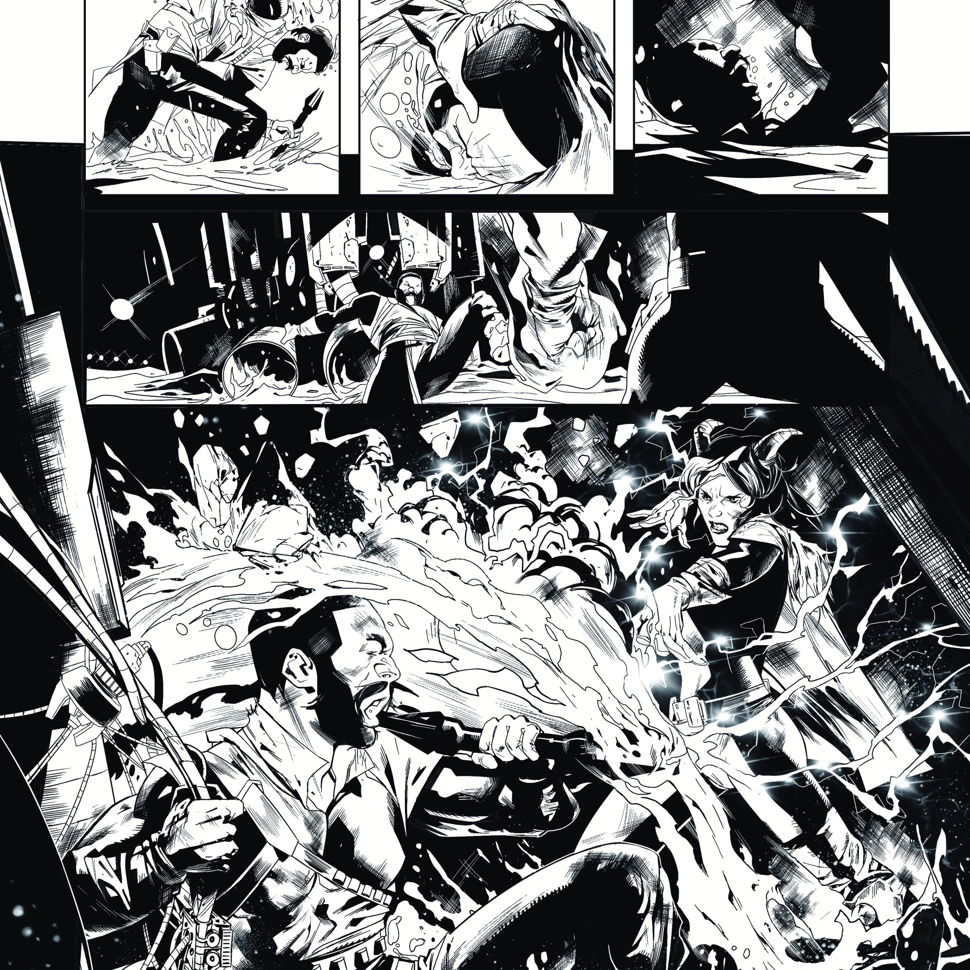A stark black and white comics page featuring an action scene in an enclosed space.